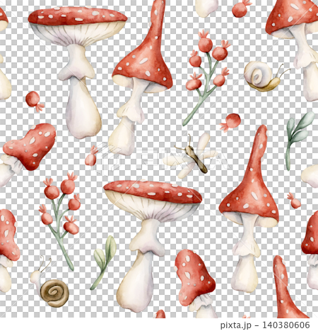 Cute Fly Agaric Mushrooms Red Berries Snail Dragonfly Seamless Pattern. Watercolor summer floral forest illustration hand painted isolated on white background nursery design fresh prints home textile 140380606