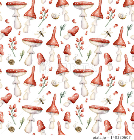 Cute Fly Agaric Mushrooms Red Berries Snail Dragonfly Seamless Pattern. Watercolor summer floral forest illustration hand painted isolated on white background nursery design fresh prints home textile 140380607