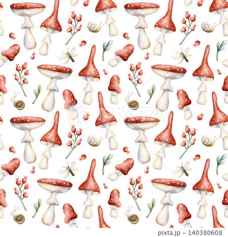 Cute Fly Agaric Mushrooms Red Berries Snail Dragonfly Seamless Pattern. Watercolor summer floral forest illustration hand painted isolated on white background nursery design fresh prints home textile 140380608