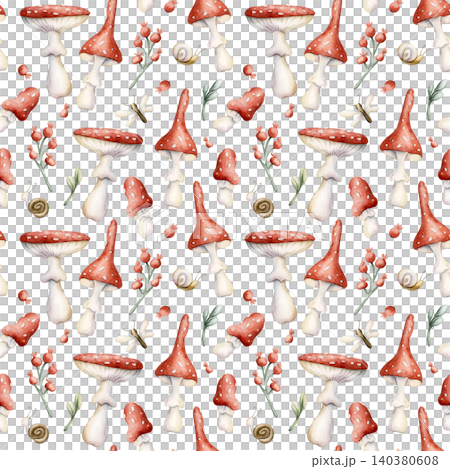 Cute Fly Agaric Mushrooms Red Berries Snail Dragonfly Seamless Pattern. Watercolor summer floral forest illustration hand painted isolated on white background nursery design fresh prints home textile 140380608
