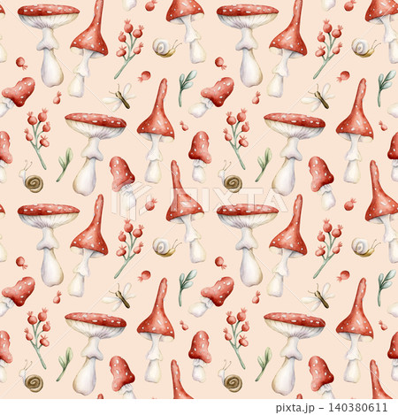 Cute Fly Agaric Mushrooms Red Berries Snail Dragonfly Seamless Pattern. Watercolor summer floral forest illustration hand painted isolated on beige background nursery design fresh prints home textile Cute Fly Agaric Mushrooms Red Berries Snail Dragonfly Seamless Pattern. Watercolor summer floral forest illustration hand painted isolated on beige background nursery design fresh prints home textile 140380611