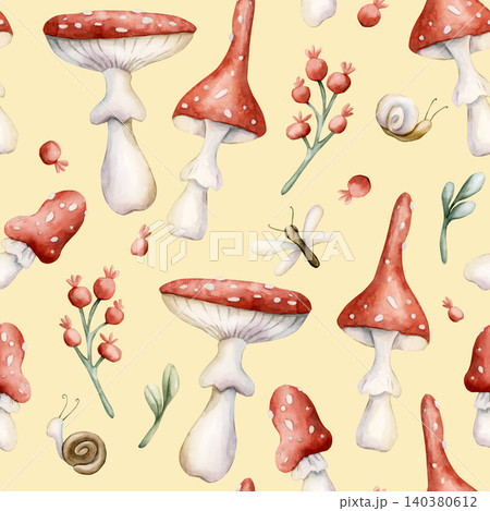 Cute Fly Agaric Mushrooms Red Berries Snail Dragonfly Seamless Pattern. Watercolor summer floral forest illustration hand painted isolated on yellow background nursery design fresh prints home textile 140380612