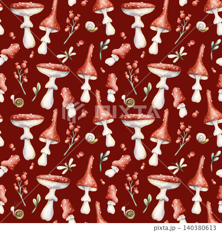 Cute Fly Agaric Mushroom Red Berries Snail Dragonfly Seamless Pattern. Watercolor summer floral forest illustration hand painted isolated on dark red background nursery design fresh print home textile 140380613