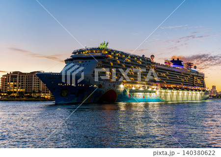 Miami, Florida, USA - December 24, 2024: Norwegian Breakaway cruise ship voyage. Cruise in summer vacation. Norwegian cruise line. Cruise ship tour. Luxury travel at sea. Ship illuminated at night Miami, Florida, USA - December 24, 2024: Norwegian Breakaway cruise ship voyage. Cruise in summer vacation. Norwegian cruise line. Cruise ship tour. Luxury travel at sea. Ship illuminated at night 140380622