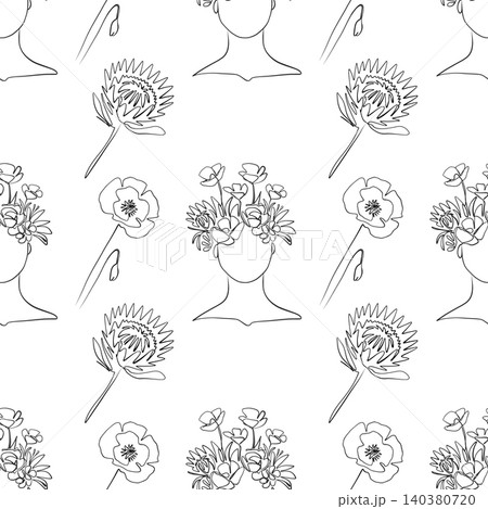 Seamless pattern. Outline drawing of abstract girls with flowers. Minimalistic 140380720