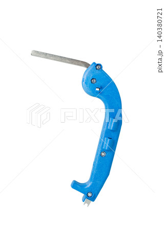 Blue multifunctional adjustment wrench tool for window hardware installation and maintenance on white 140380721