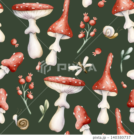 Cute Fly Agaric Mushroom Red Berry Snail Dragonfly Seamless Pattern. Watercolor summer floral forest illustration hand painted isolated on dark green background nursery design fresh print home textile 140380737