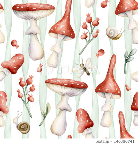 Cute Fly Agaric Mushrooms Red Berries Snail Dragonfly Green Striped Seamless Pattern. Watercolor summer floral forest illustration hand painted isolated on white background fresh prints home textile 140380741