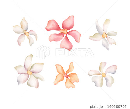 Cute Little Flowers Jasmine Apple Blossom Blooming. Watercolor hand drawn floral illustration isolated on white background summer design home textile fresh fabric cosmetic package porcelain crockery 140380795