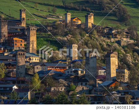Morning sunny view of Mestia city in Upper Svaneti region, Georgia. Morning sunny view of Mestia city in Upper Svaneti region, Georgia. 140381186