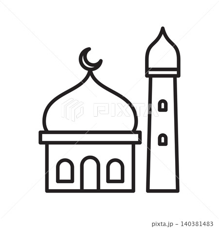 Islamic mosque building with minaret and crescent moon line art icon Islamic mosque building with minaret and crescent moon line art icon 140381483