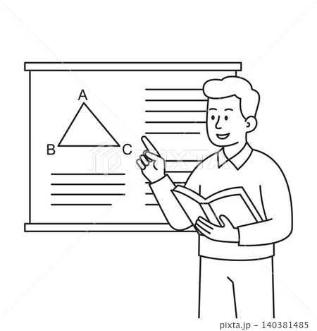 Male teacher pointing at triangle geometry lesson on blackboard line art 140381485