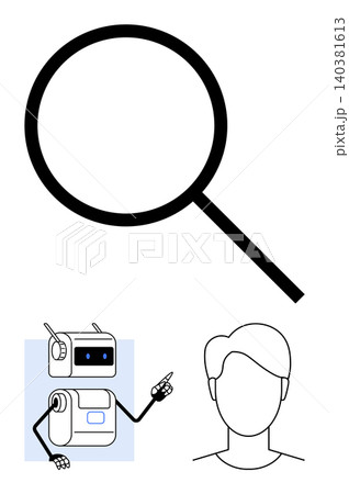 Identity verification, AI robotics, facial recognition, digital technology, cyber authentication, personal data analysis. a magnifying glass, robot assistant and human face. Identity verification 140381613