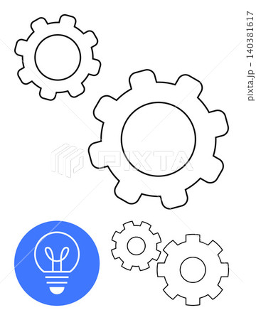 Innovation, teamwork, problem solving, technology, engineering, creativity. Outline of gears and a light bulb icon in blue. Innovation and teamwork concept Innovation, teamwork, problem solving, technology, engineering, creativity. Outline of gears and a light bulb icon in blue. Innovation and teamwork concept 140381617