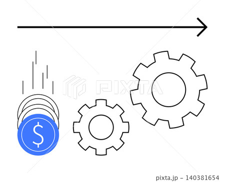 Business strategy, financial growth, investment planning, economic efficiency, workflow optimization, process improvement. Coins falling into gears with an arrow. Financial growth and investment 140381654