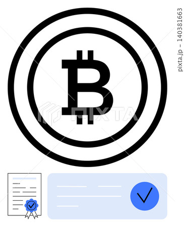 Cryptocurrency, blockchain, digital finance, online verification, secure transactions, regulatory compliance. Bitcoin symbol with document and verification checkmark. Cryptocurrency and blockchain Cryptocurrency, blockchain, digital finance, online verification, secure transactions, regulatory compliance. Bitcoin symbol with document and verification checkmark. Cryptocurrency and blockchain 140381663