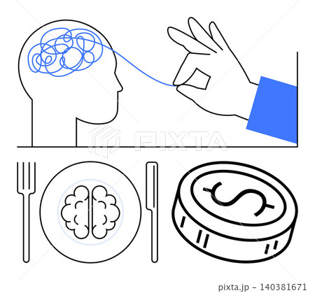 Mental health, financial wellness, decision-making, brain activity, mindfulness, financial planning. A hand untangling a brain, plate with a brain and a dollar coin. Mental health and financial Mental health, financial wellness, decision-making, brain activity, mindfulness, financial planning. A hand untangling a brain, plate with a brain and a dollar coin. Mental health and financial 140381671