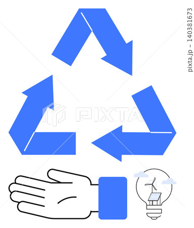 Sustainability, recycling, renewable energy, eco-friendly practices, environmental awareness, clean energy. Blue recycling arrows, a hand gesture and a light bulb with solar panel. Sustainability Sustainability, recycling, renewable energy, eco-friendly practices, environmental awareness, clean energy. Blue recycling arrows, a hand gesture and a light bulb with solar panel. Sustainability 140381673