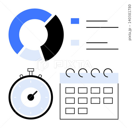 Data analysis, project planning, time tracking, scheduling, productivity, deadlines. A pie chart, stopwatch and calendar design. Data analysis and project planning Data analysis, project planning, time tracking, scheduling, productivity, deadlines. A pie chart, stopwatch and calendar design. Data analysis and project planning 140381780
