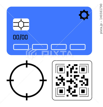 Digital payment, identity verification, technology, cybersecurity, QR scanning, data processing. Card with chip, QR code and target circle icon. Identity verification and digital payment concept 140381790