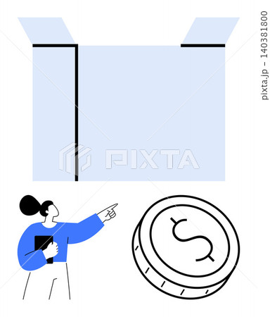 Financial planning, online business, investments, budget management, marketing, e-commerce. Woman pointing to a box and coin with a dollar sign. Financial planning and online business concept 140381800