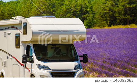 Motorhome camping at blooming purple lavender field in Provence France Motorhome camping at blooming purple lavender field in Provence France 140382063