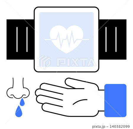 Health monitoring, hygiene practices, wearable technology, physical wellness, sickness awareness, medical symbols. Minimalist smartwatch with heartbeat icon, runny nose and hand gesture. Health Health monitoring, hygiene practices, wearable technology, physical wellness, sickness awareness, medical symbols. Minimalist smartwatch with heartbeat icon, runny nose and hand gesture. Health 140382099