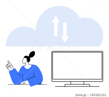 Cloud storage, technology trends, digital communication, data transfer, remote work, online access. Person pointing, cloud with transfer arrows computer monitor. Cloud storage and technology trends Cloud storage, technology trends, digital communication, data transfer, remote work, online access. Person pointing, cloud with transfer arrows computer monitor. Cloud storage and technology trends 140382101