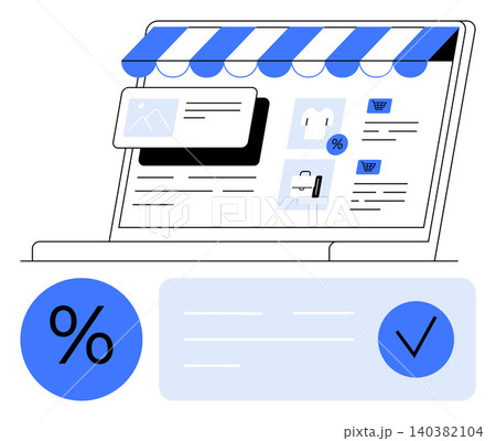 E-commerce, retail innovation, online shopping, sales management, digital marketing, customer experience. Laptop with a digital storefront and discount and checkmark icons. E-commerce and retail E-commerce, retail innovation, online shopping, sales management, digital marketing, customer experience. Laptop with a digital storefront and discount and checkmark icons. E-commerce and retail 140382104