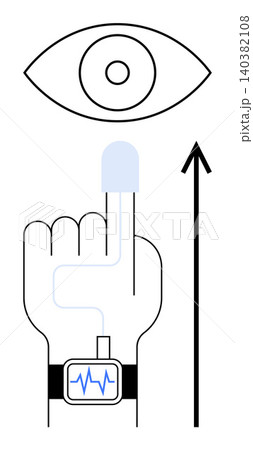 Biometric verification, digital identification, medical monitoring, smart devices, future technology, security systems. A finger pointing up with a smartwatch, an eye and an arrow. Biometric Biometric verification, digital identification, medical monitoring, smart devices, future technology, security systems. A finger pointing up with a smartwatch, an eye and an arrow. Biometric 140382108