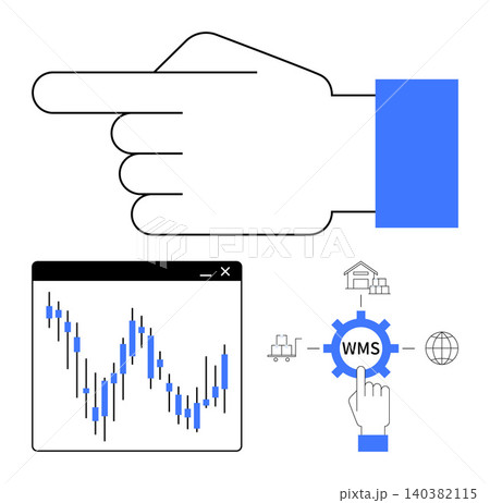 Logistics, supply chain, inventory management, data analysis, warehouse automation, business solutions. Hand pointing to WMS icon, a chart and warehouse elements. Logistics and supply chain concepts Logistics, supply chain, inventory management, data analysis, warehouse automation, business solutions. Hand pointing to WMS icon, a chart and warehouse elements. Logistics and supply chain concepts 140382115