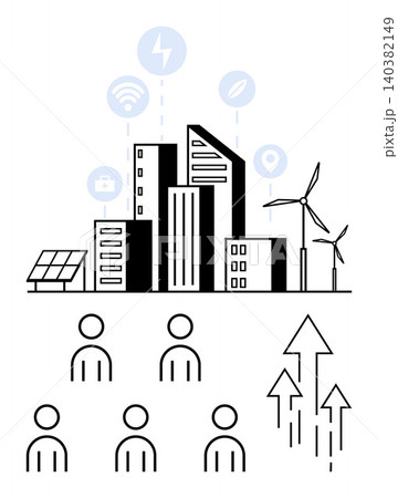 Smart city planning, renewable energy, sustainable development, urban innovation, teamwork, connectivity. Cityscape with wind turbines, solar panels digital tech and people icons. Smart city Smart city planning, renewable energy, sustainable development, urban innovation, teamwork, connectivity. Cityscape with wind turbines, solar panels digital tech and people icons. Smart city 140382149