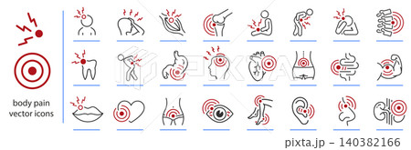 pain icons, body pain icon set, spasm or inflammation simple symbols, headache, heartache, backpain and more, line vector illustration, outline images editable stroke pain icons, body pain icon set, spasm or inflammation simple symbols, headache, heartache, backpain and more, line vector illustration, outline images editable stroke 140382166