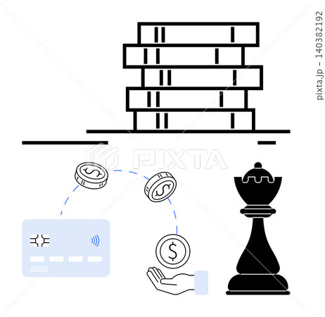 Knowledge sharing, financial transactions, digital economy, leadership, decision-making, strategic planning. Stacked books, a payment transaction and a chess piece. Knowledge and financial concept Knowledge sharing, financial transactions, digital economy, leadership, decision-making, strategic planning. Stacked books, a payment transaction and a chess piece. Knowledge and financial concept 140382192