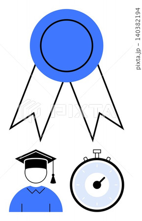 Education, achievement, time management, academic success, goal setting, certification. A blue medal, graduate figure and stopwatch education and productivity. Education and achievement Education, achievement, time management, academic success, goal setting, certification. A blue medal, graduate figure and stopwatch education and productivity. Education and achievement 140382194