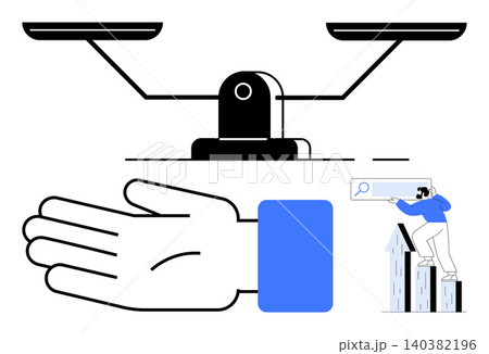 Justice, decision-making, balance, equality, search solutions, fairness. Minimal design showing scales, an open hand and a person with a search bar. Balance and decision-making concept Justice, decision-making, balance, equality, search solutions, fairness. Minimal design showing scales, an open hand and a person with a search bar. Balance and decision-making concept 140382196
