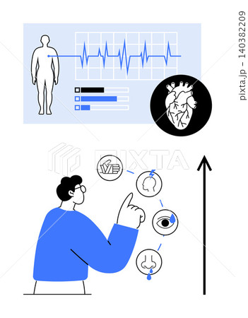 Healthcare systems, telemedicine, diagnostics, anatomy education, medical innovation, technology interfaces. Human pointing to diagnostics icons and heart activity. Healthcare systems Healthcare systems, telemedicine, diagnostics, anatomy education, medical innovation, technology interfaces. Human pointing to diagnostics icons and heart activity. Healthcare systems 140382209