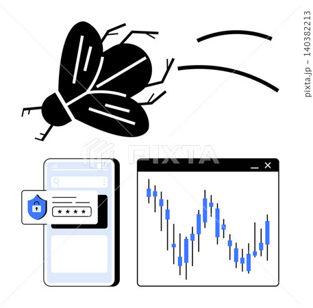 Cybersecurity, malware detection, stock trading, data protection, digital threats, online data. A digital bug, stock market chart and secured login form. Cybersecurity and malware detection visuals 140382213