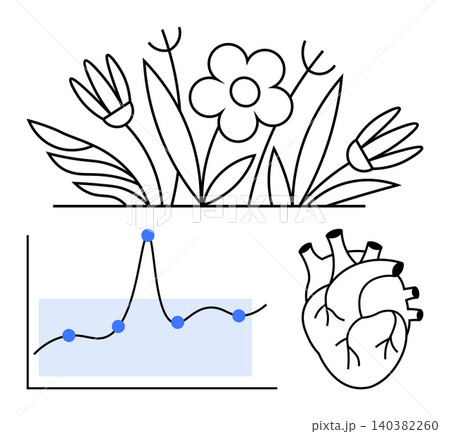Nature, health science, statistics, medical research, biology education, environmental studies. Floral drawing, human heart sketch and data graph. Health science and medical research symbolism Nature, health science, statistics, medical research, biology education, environmental studies. Floral drawing, human heart sketch and data graph. Health science and medical research symbolism 140382260