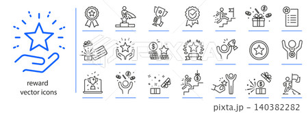 reward icons, award icon set, prize, gift, trophy simple symbols, linear vector illustration, outline editable stroke 140382282