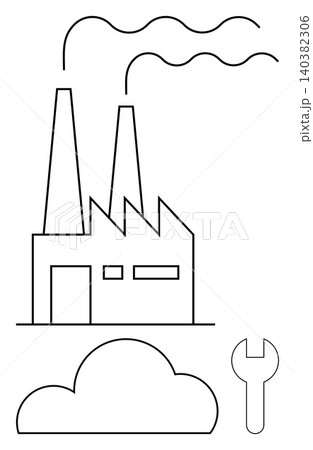 Industry, manufacturing, production, maintenance, environment, industrial tools. Factory chimneys releasing smoke, cloud below and wrench symbol. Industry and manufacturing highlighted 140382306