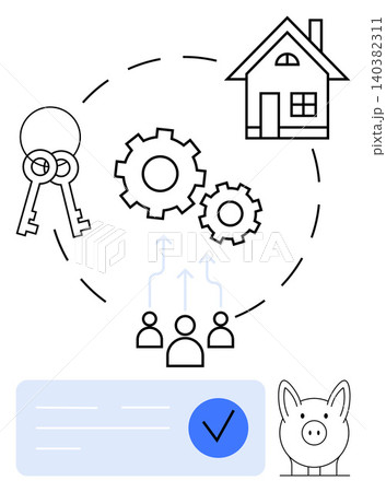 Real estate, home ownership, savings, financial planning, investment, teamwork. Minimalist visuals of keys, house gears piggy bank and checklist. Real estate and savings concept Real estate, home ownership, savings, financial planning, investment, teamwork. Minimalist visuals of keys, house gears piggy bank and checklist. Real estate and savings concept 140382311