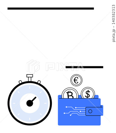 Financial management, digital currency, time tracking, payment systems, online banking, fintech. Stopwatch and digital wallet with currency symbols. Digital currency and financial management concept Financial management, digital currency, time tracking, payment systems, online banking, fintech. Stopwatch and digital wallet with currency symbols. Digital currency and financial management concept 140382313