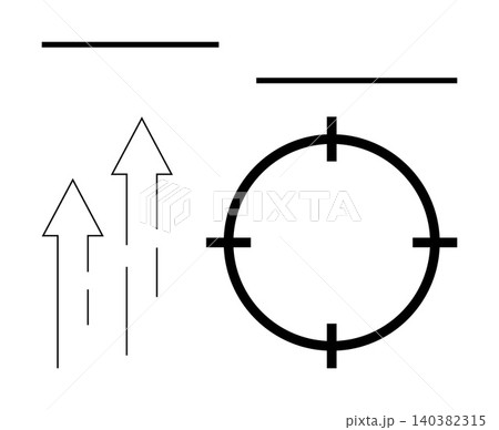 Direction, focus, targeting, growth, goals, achievement. Three arrows pointing upwards alongside a circular crosshair with horizontal lines. Direction and focus concepts Direction, focus, targeting, growth, goals, achievement. Three arrows pointing upwards alongside a circular crosshair with horizontal lines. Direction and focus concepts 140382315