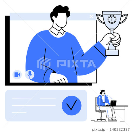 Virtual success, digital accolades, online achievement, remote work, online communication, team motivation. A person holding a trophy in a video call interface. Virtual success and online achievement Virtual success, digital accolades, online achievement, remote work, online communication, team motivation. A person holding a trophy in a video call interface. Virtual success and online achievement 140382357