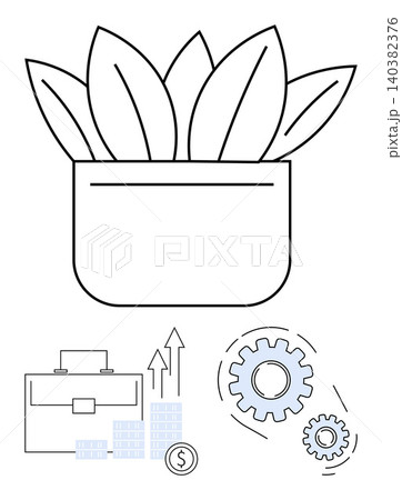 Business growth, sustainable finance, eco-friendly solutions, process optimization, financial success, strategy. Potted plants, briefcase gears and financial elements. Sustainable finance Business growth, sustainable finance, eco-friendly solutions, process optimization, financial success, strategy. Potted plants, briefcase gears and financial elements. Sustainable finance 140382376