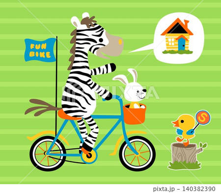 Vector cartoon of zebra with bunny on bicycle little duck holding traffic sign on tree stump 140382390