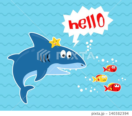Big shark cartoon with starfish and little fishes on blue wave background. Vector cartoon illustration Big shark cartoon with starfish and little fishes on blue wave background. Vector cartoon illustration 140382394