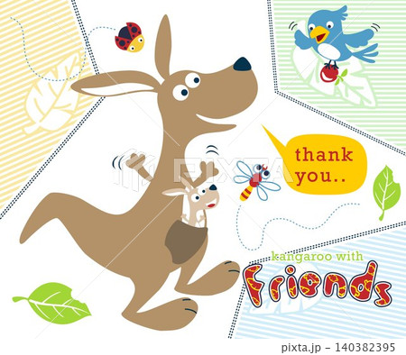 Kangaroo cartoon with bugs and bird. Vector cartoon illustration 140382395