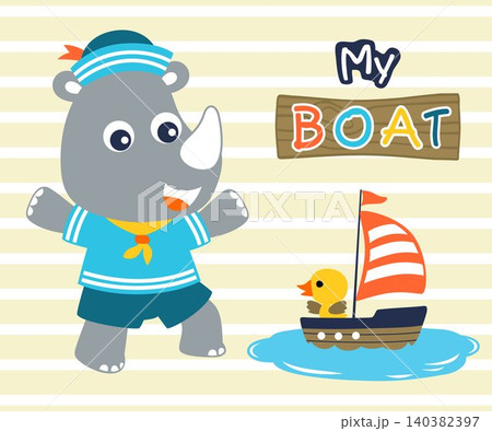 Little rhino cartoon in sailor costume with duck on sailboat toy 140382397